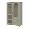 Armario de madera verde con puertas de vidrio estriado y 3 cajones