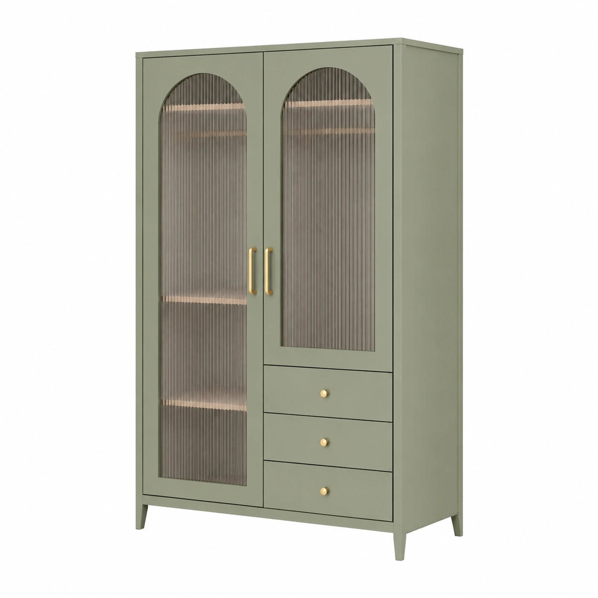 Armario de madera verde con puertas de vidrio estriado y 3 cajones