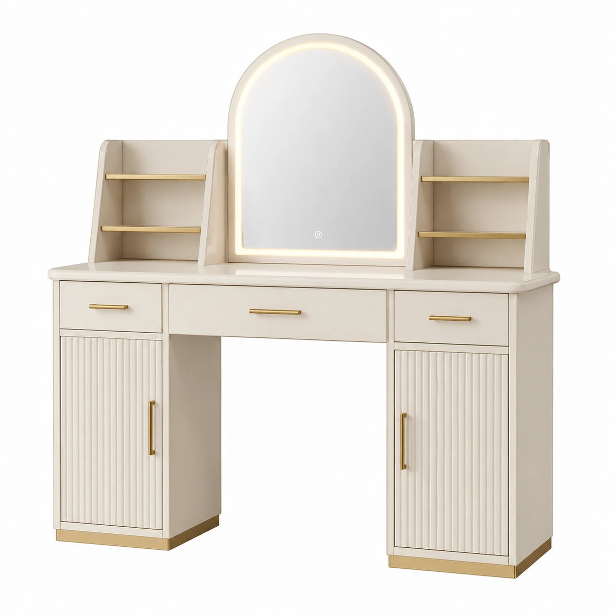 Tocador de MDF con espejo LED y estantes de almacenamiento blanco