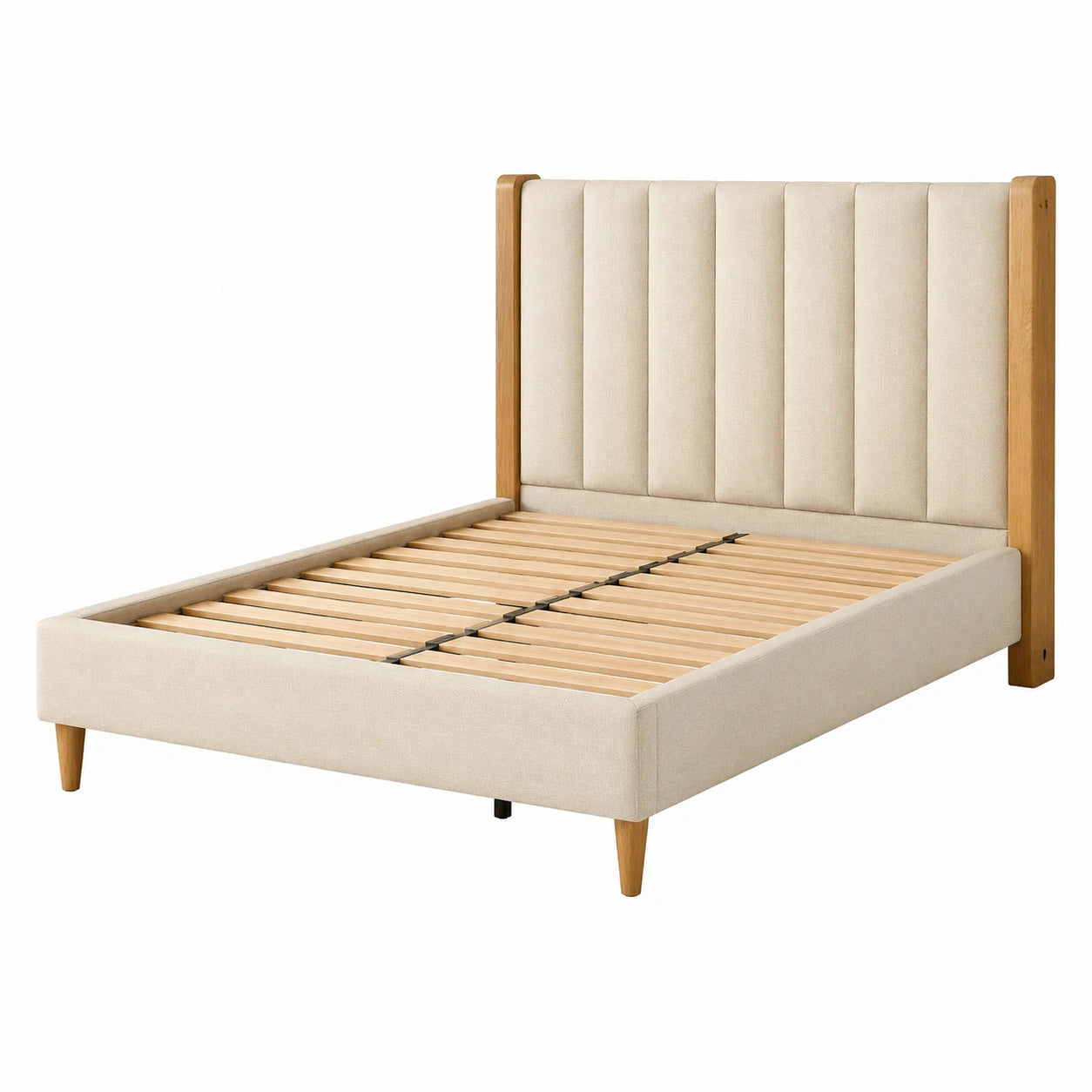 Cama doble tapizada de poliéster con patas de madera 200x160 cm beige