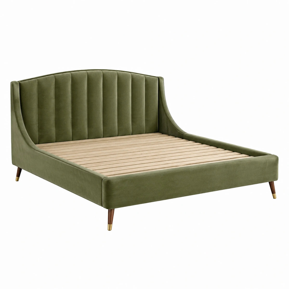 Cama de Terciopelo Verde Oliva con Patas de Madera y Metal 200x150 cm