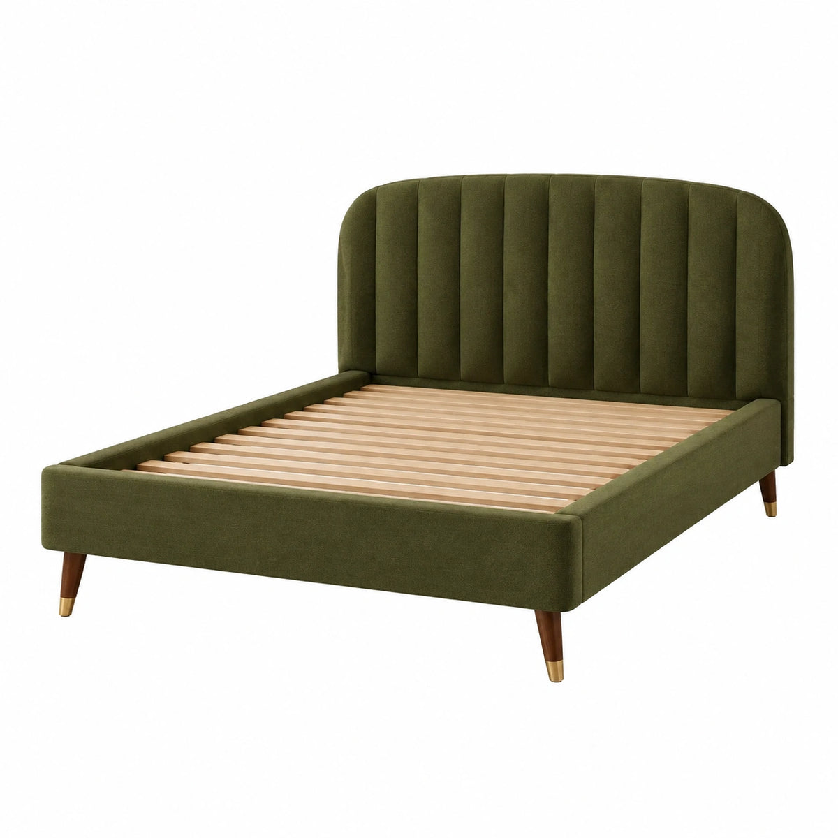 Cama doble tapizada en tela verde con estructura de madera y patas de metal