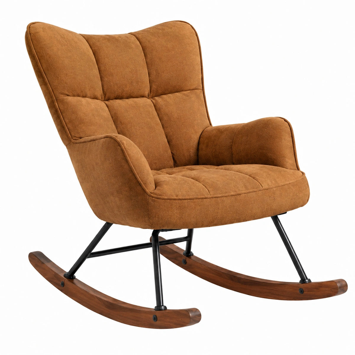 Mecedora de tela marrón con estructura de metal y madera