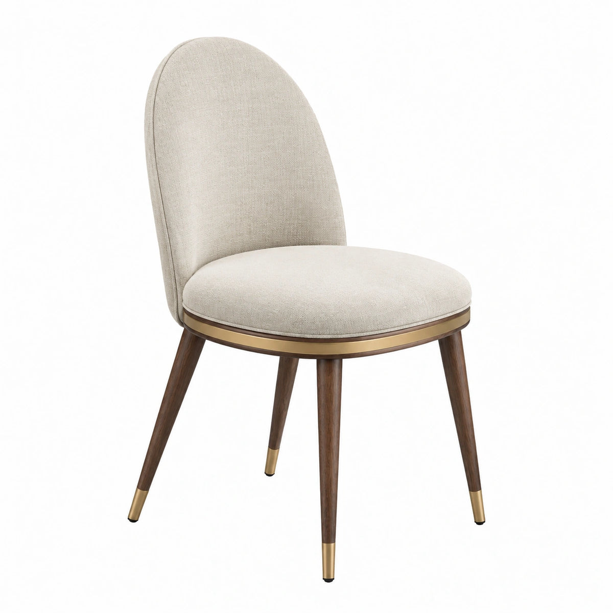 Silla de comedor en lino beige con patas de madera y detalles metálicos