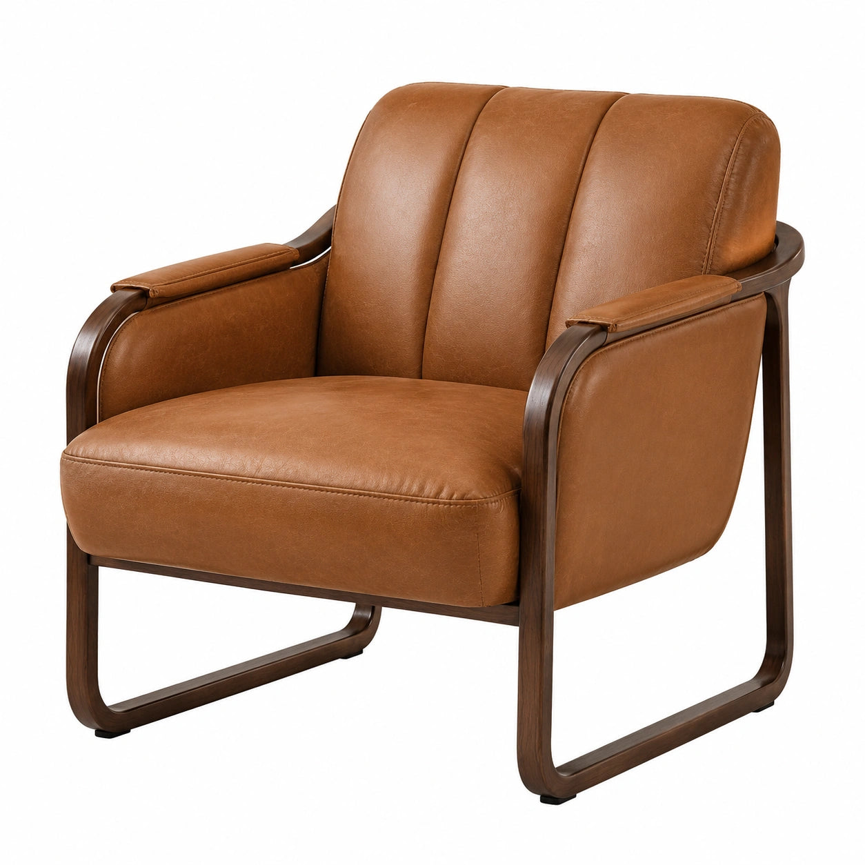 Sillón de cuero sintético marrón con estructura de madera